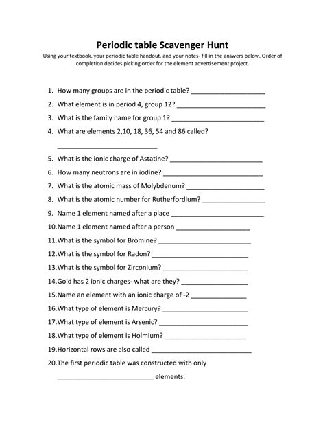 activity periodic table scavenger hunt worksheet
